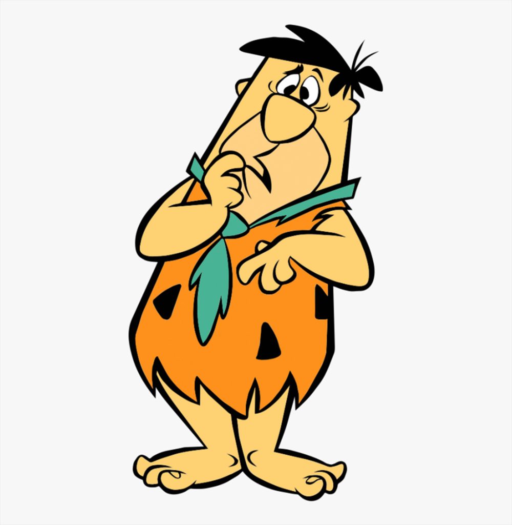 Fred Flintstone in orange tunic thinking pose minimalist 2D cartoon wallpaper background