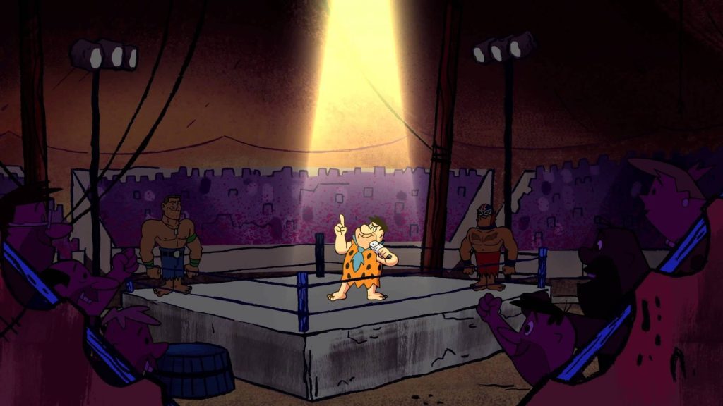 Fred Flintstone with microphone in WWE wrestling ring Stone Age SmackDown crossover wallpaper
