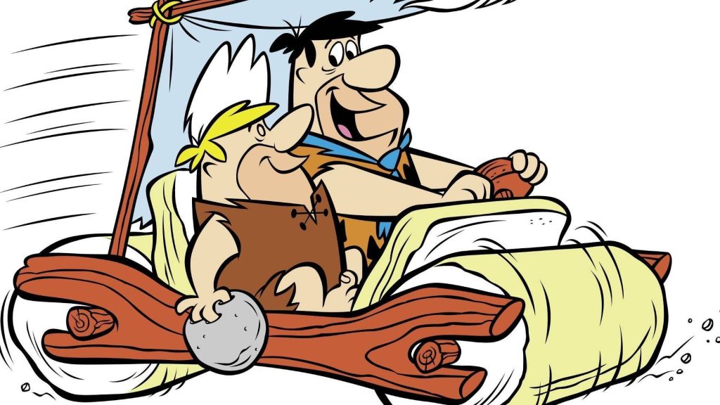 Fred Flintstone and Barney Rubble driving Flintmobile vibrant 2D cartoon wallpaper background