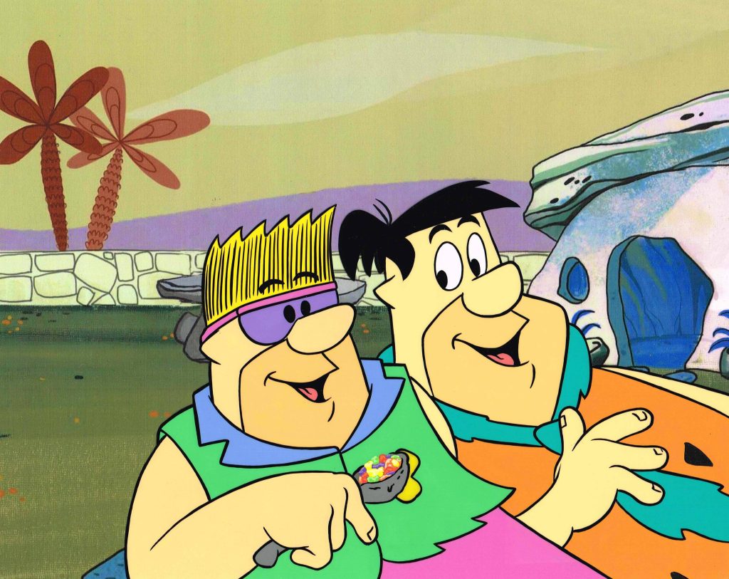 Fred Flintstone and friend in purple sunglasses share colorful cereal in vibrant cartoon wallpaper