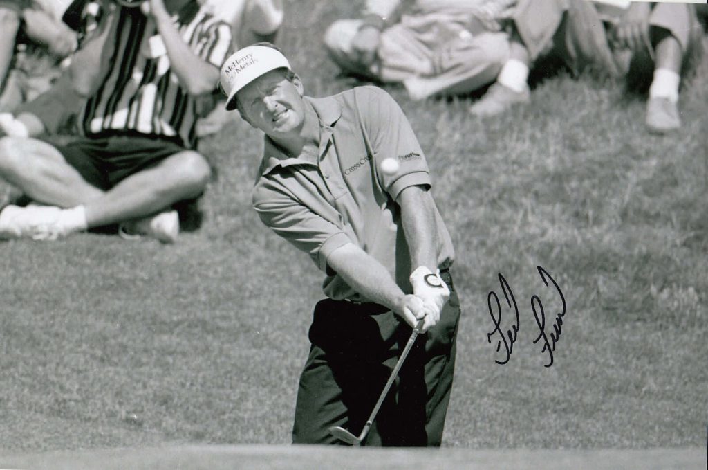 Fred Funk mid-swing black and white golf wallpaper with signature visor and autograph background