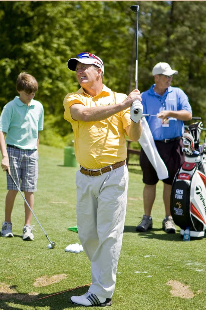 Fred Funk golf swing wallpaper vibrant sunny course yellow polo focused golfer background