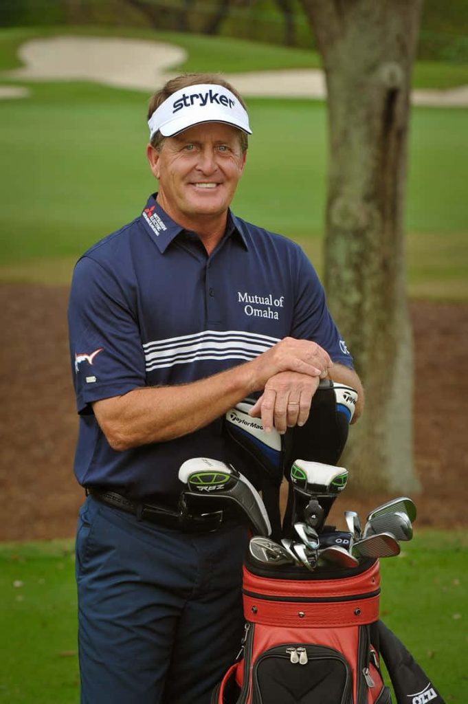 Fred Funk HD phone wallpaper golfer navy polo Stryker cap TaylorMade bag lush golf course