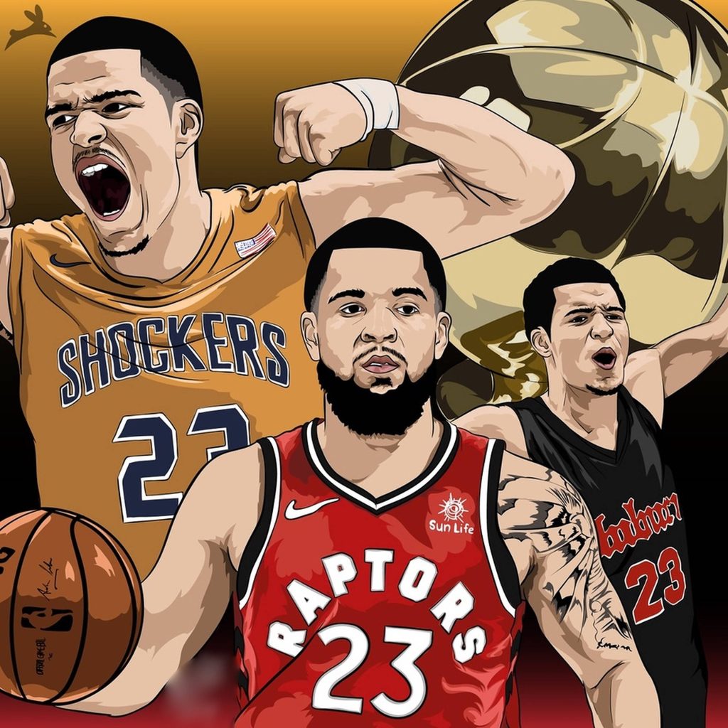 Dynamic digital fan art of Fred VanVleet evolution from Wichita State to Raptors with Larry OBrien trophy background Wallpaper