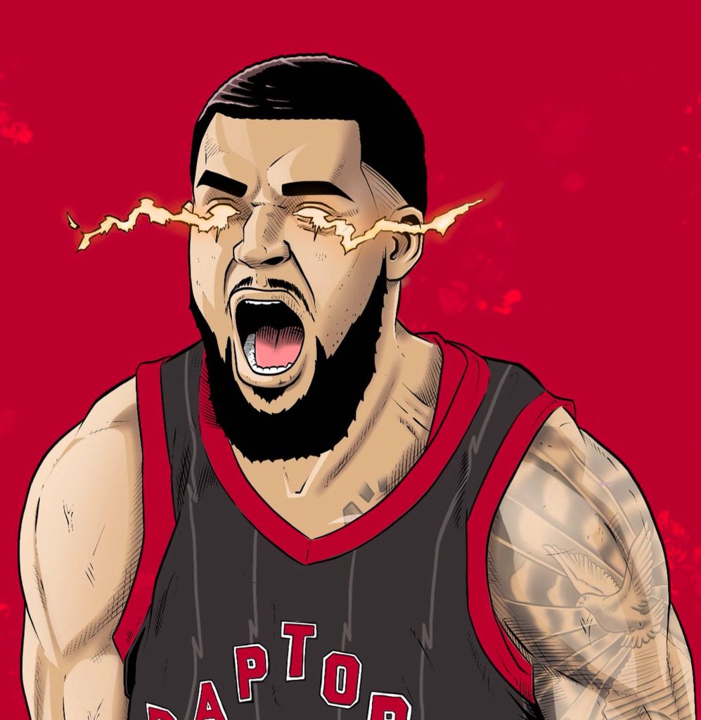 Fred VanVleet lightning art wallpaper vibrant NBA star comic style red background intense energy
