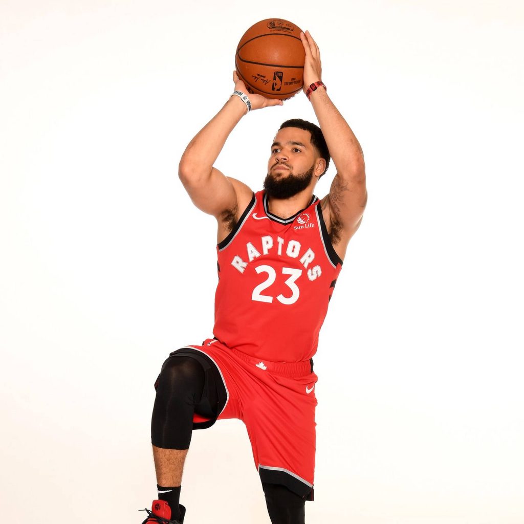 Fred VanVleet shooting basketball in red Toronto Raptors jersey NBA star sports wallpaper background