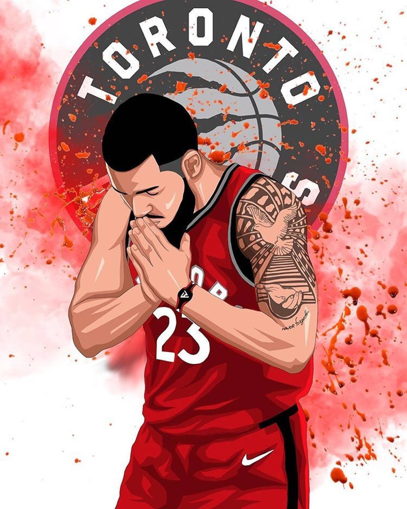 Digital art of NBA star Fred VanVleet in red Raptors jersey praying with Raptors logo background Wallpaper