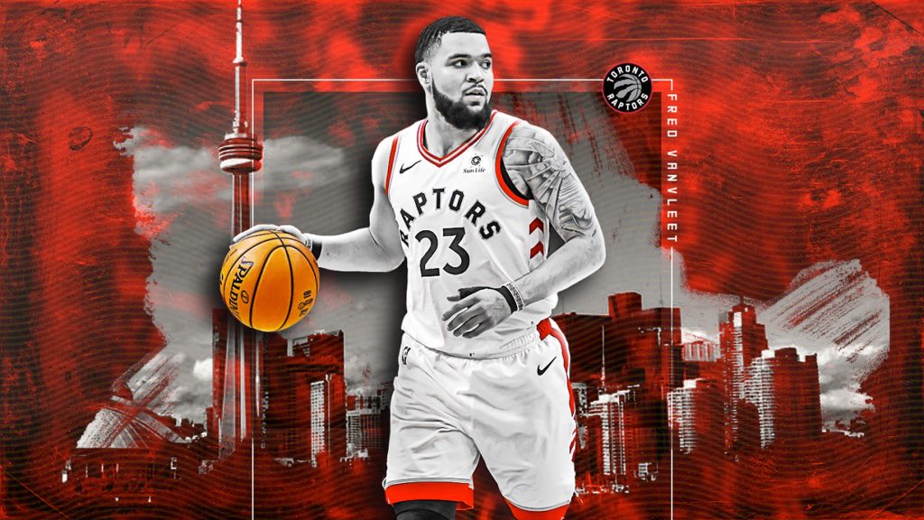 Fred VanVleet Raptors wallpaper with Toronto skyline CN Tower red background basketball tribute