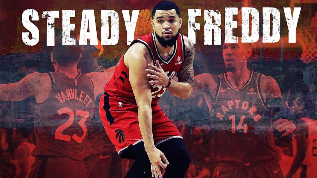 Fred VanVleet in red Raptors jersey with Danny Green grunge basketball poster background Wallpaper