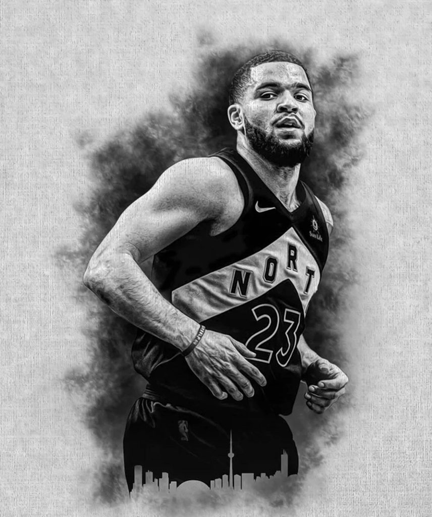 Black and white digital illustration of Fred VanVleet in Toronto Raptors jersey with city skyline background Wallpaper