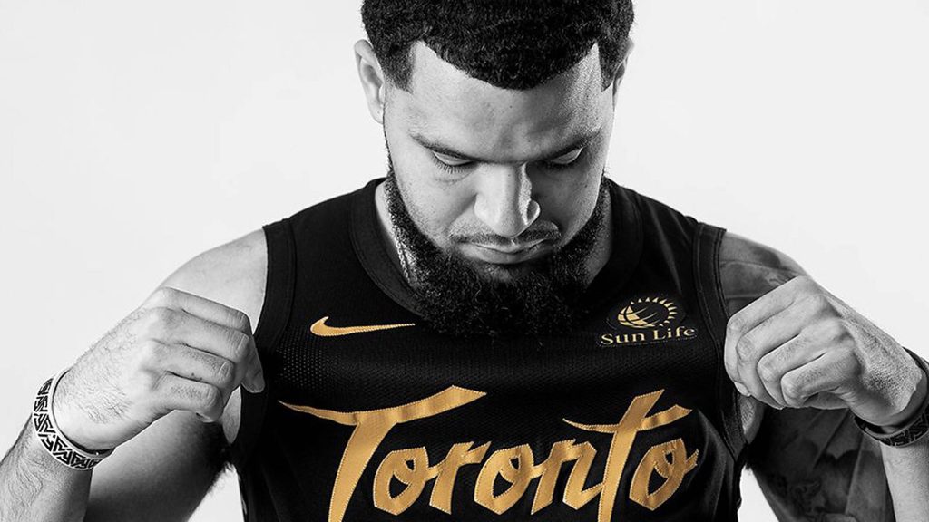 Fred VanVleet Toronto Raptors black and white portrait with gold lettering high contrast wallpaper