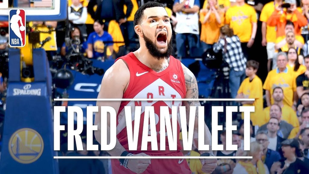 Fred VanVleet celebrating in red Raptors North jersey intense NBA basketball wallpaper background