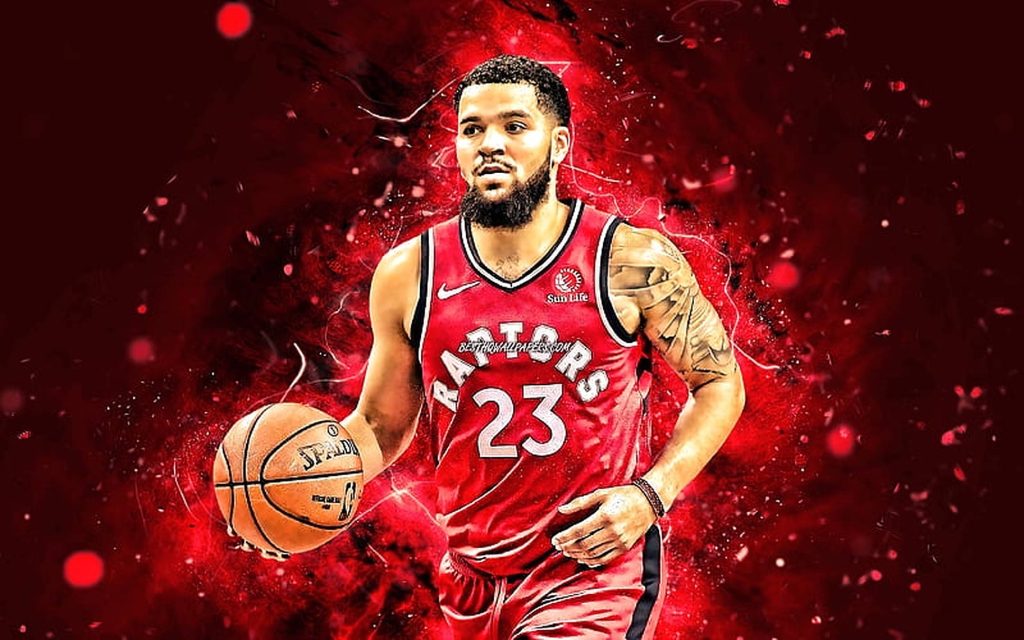 Fred VanVleet Toronto Raptors #23 dribbling basketball digital art red glowing background wallpaper