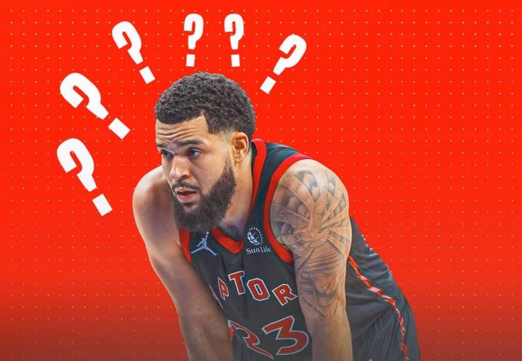 Digital art wallpaper of NBA star Fred VanVleet in Toronto Raptors jersey with question marks background