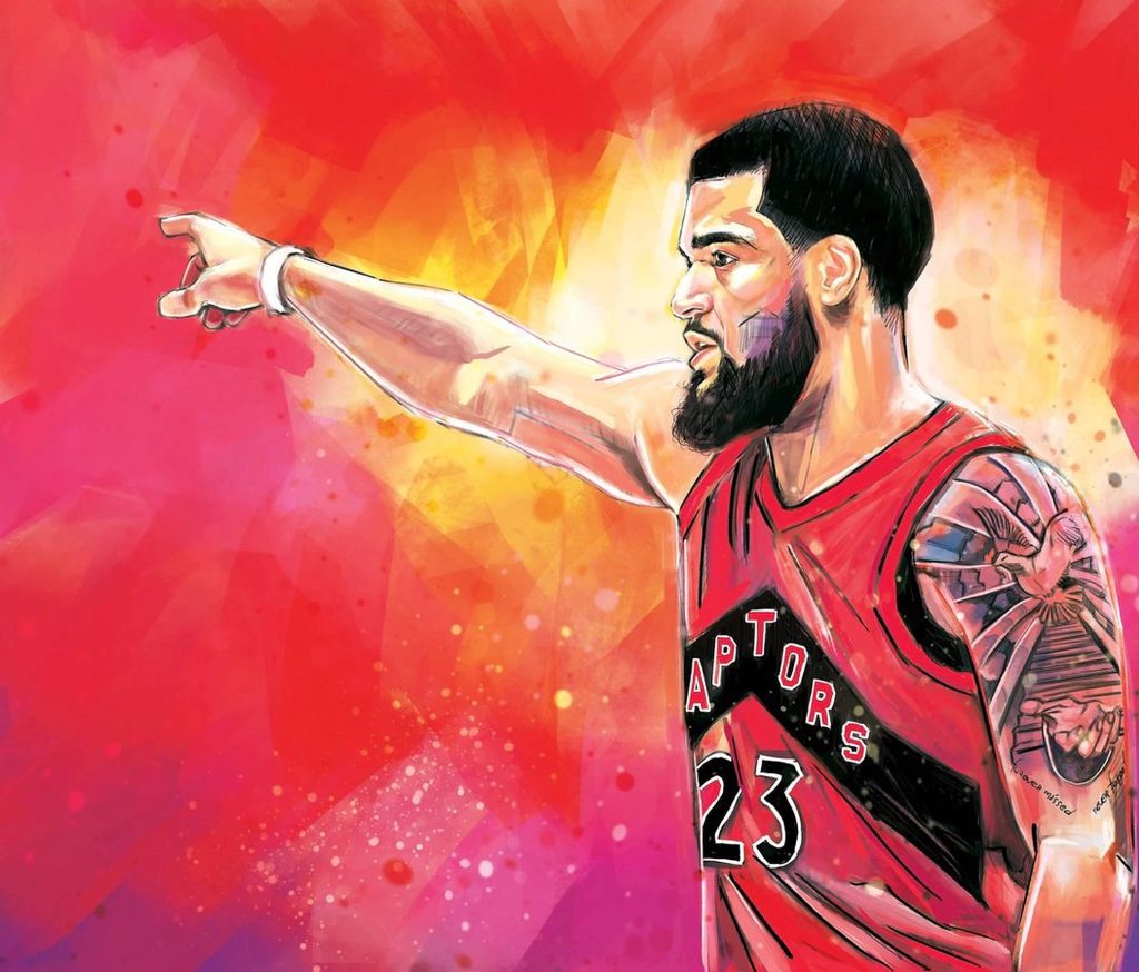 Digital illustration of NBA star Fred VanVleet in Toronto Raptors jersey with vibrant reds Wallpaper