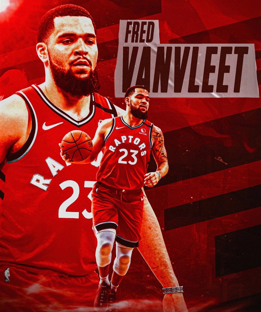 Red digital art wallpaper of Fred VanVleet Toronto Raptors jersey 23 dribbling basketball