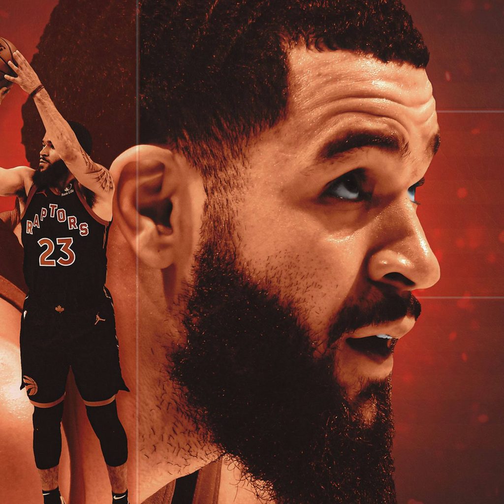 Fred VanVleet Toronto Raptors wallpaper digital art shooting pose crimson background intense