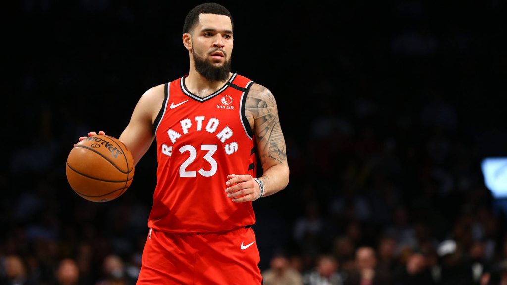 Fred VanVleet Toronto Raptors number 23 dribbling basketball vibrant red jersey action shot wallpaper