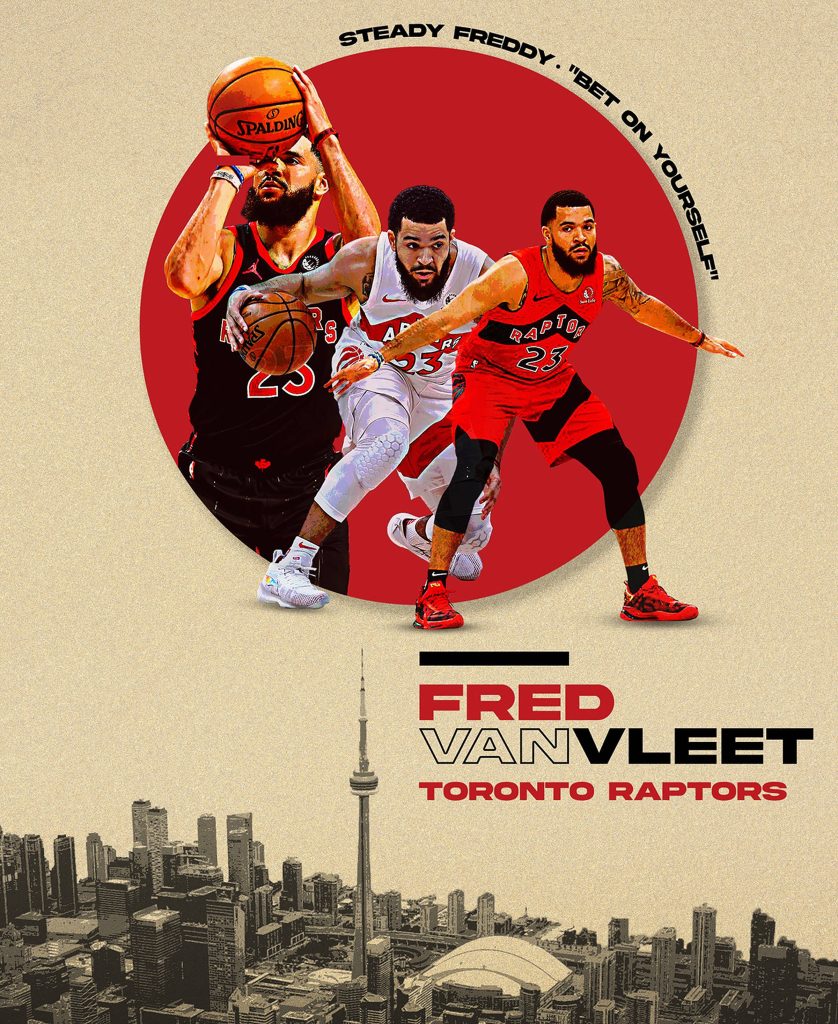 Toronto Raptors Fred VanVleet collage wallpaper with red circle and Toronto skyline background