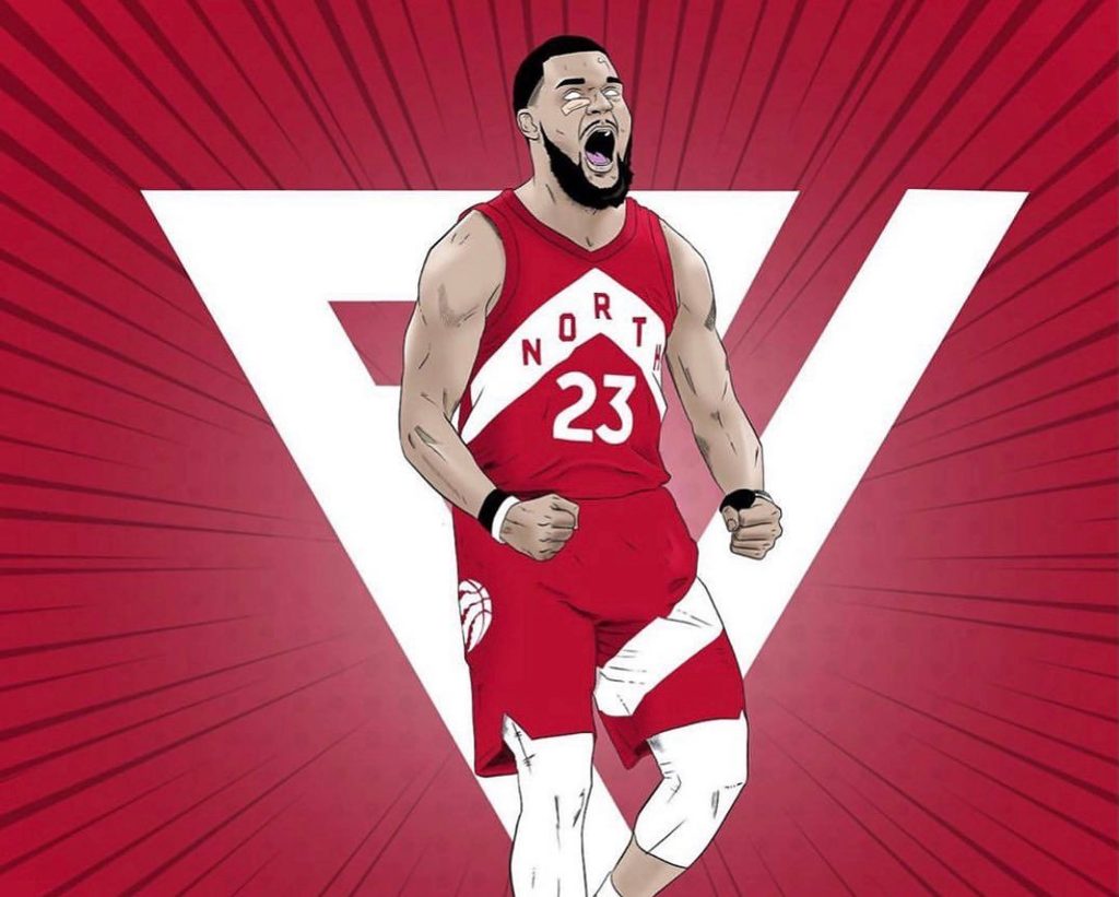 Fred VanVleet in red Raptors jersey 23 vibrant vector art basketball wallpaper background