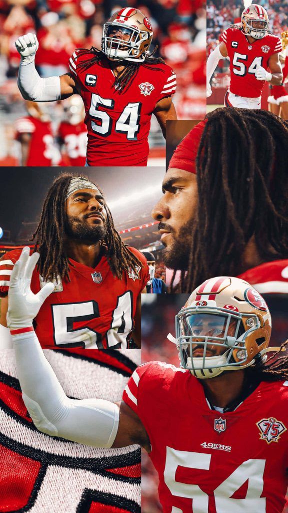 Fred Warner San Francisco 49ers collage wallpaper showing intense action shots and portraits