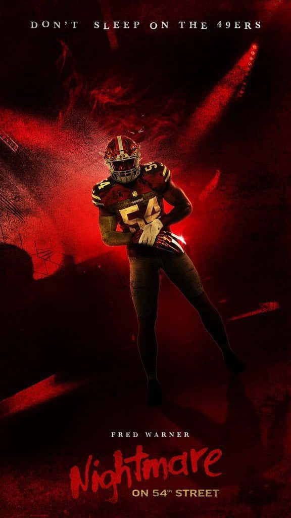 Intimidating San Francisco 49ers Fred Warner digital art wallpaper red lighting game mood