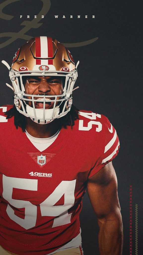 Fred Warner San Francisco 49ers linebacker in red jersey intense portrait dark football wallpaper