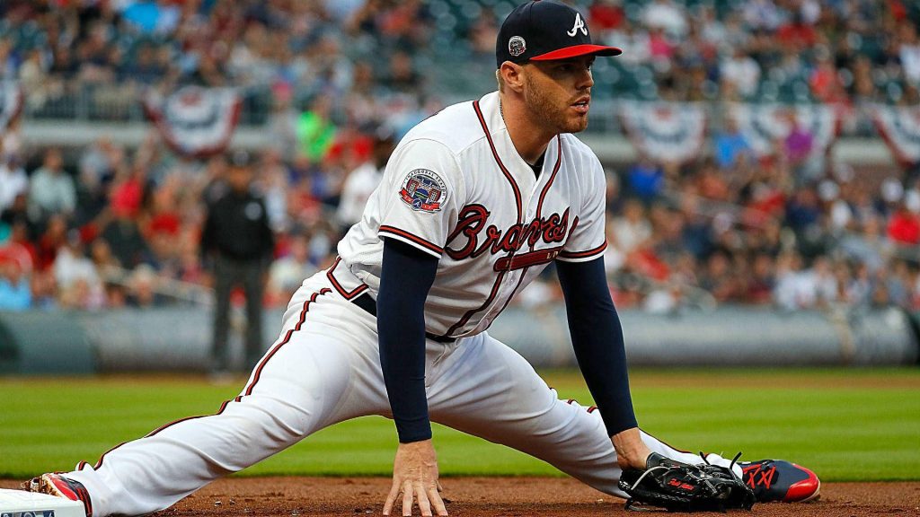 Freddie Freeman Atlanta Braves dynamic action split at first base sports wallpaper background