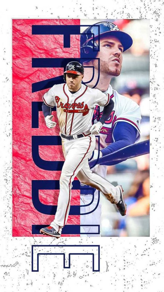 Atlanta Braves Freddie Freeman dynamic sports wallpaper with action pose and bold blue text