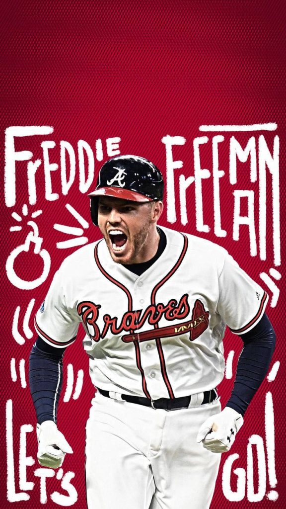 Freddie Freeman Atlanta Braves wallpaper mid-shout red background bold Lets Go typography bomb graphic