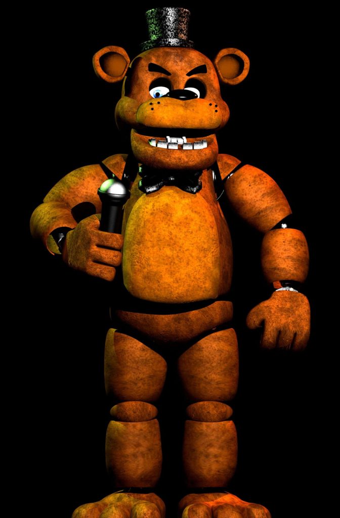 Freddy Fazbear 3D render with top hat and microphone on black background wallpaper