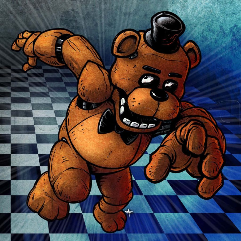 Freddy Fazbear animatronic on blue checkered floor with glowing light FNAF wallpaper background
