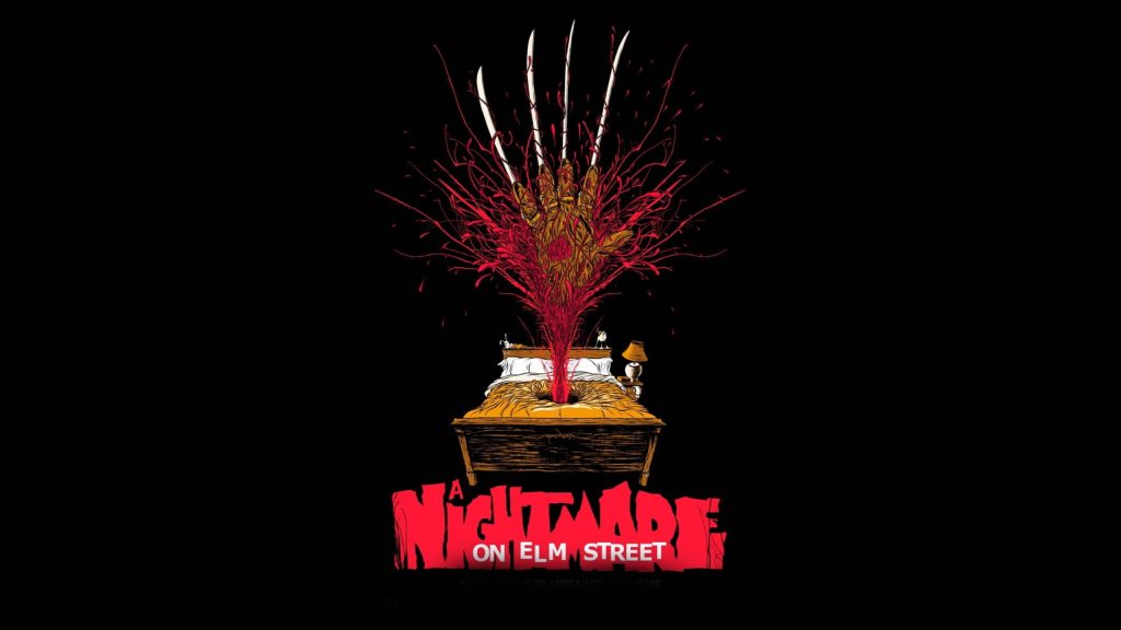 Freddy Krueger bladed glove bursting from bed blood splash A Nightmare on Elm Street wallpaper