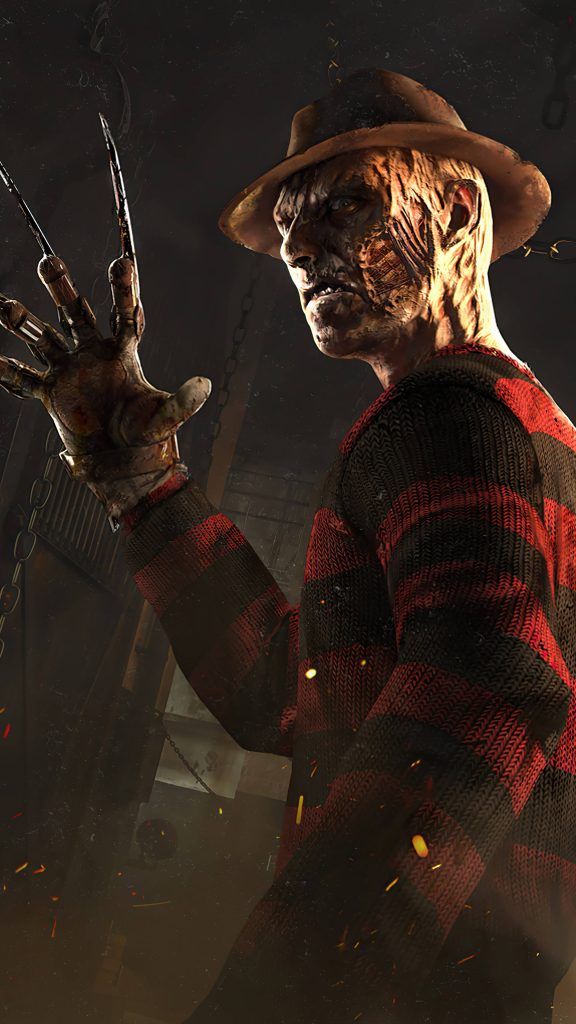 Freddy Krueger CGI wallpaper wearing fedora striped sweater with bladed glove on dark background