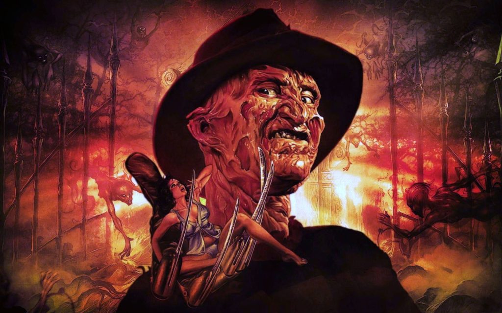 Freddy Krueger horror wallpaper fiery red background razor glove burned face dark art illustration