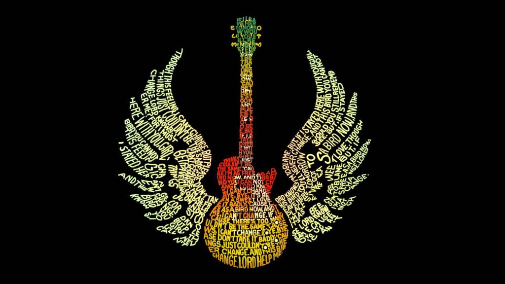 Winged electric guitar wallpaper with Lynyrd Skynyrd Free Bird lyrics in warm yellow and red text