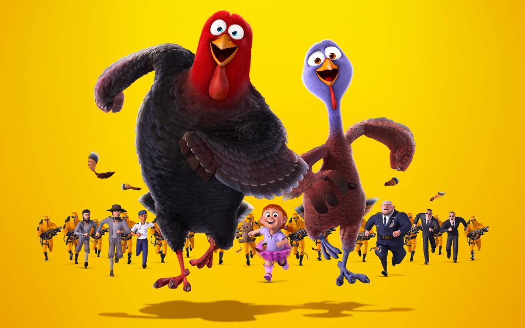 Dynamic 3D CGI wallpaper of Free Birds turkeys Jake and Reggie chased by soldiers and child