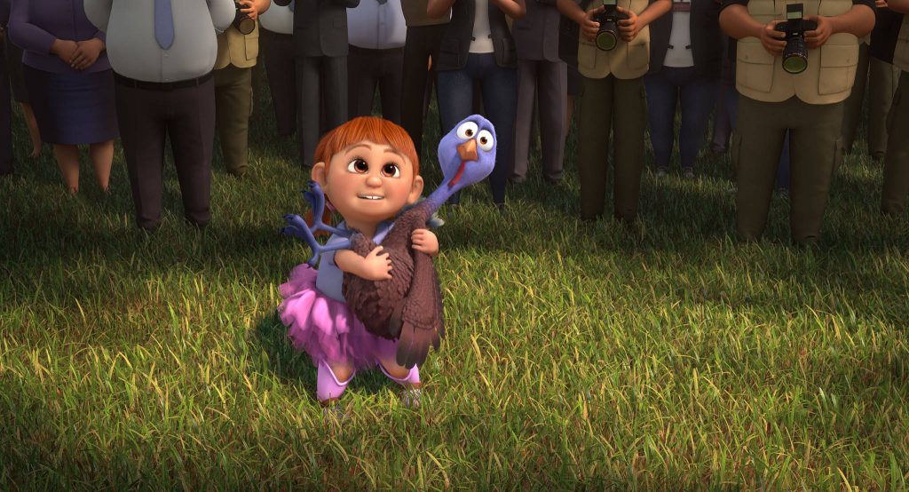 3D CGI wallpaper of Free Birds with President's daughter hugging Reggie turkey on grass field