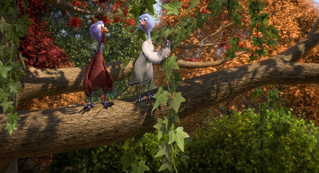 Free Birds wallpaper with Reggie and Jenny on tree branch in vibrant autumn CGI scene
