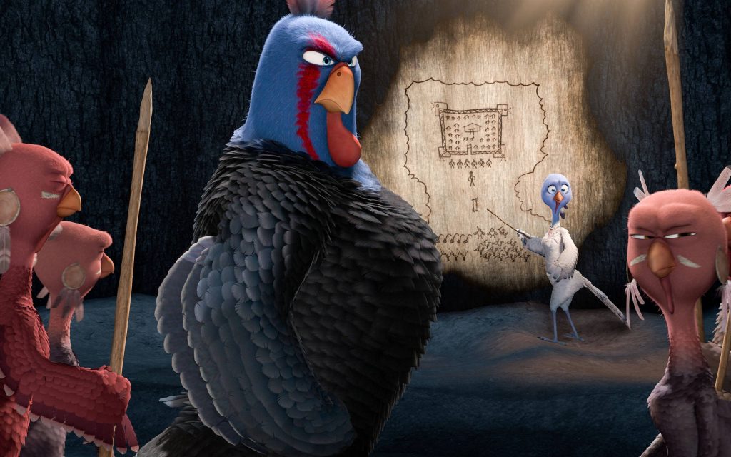 Free Birds CGI wallpaper Ranger blue turkey leader in dark cave with Reggie tactical map