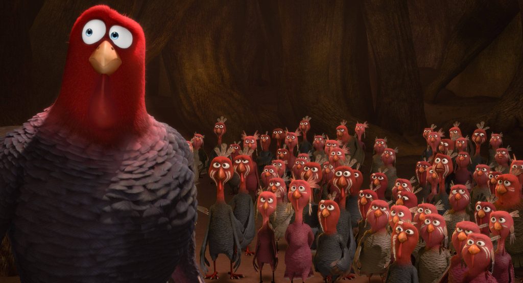 Reggie turkey foreground Free Birds CGI cave scene flock animation wallpaper background