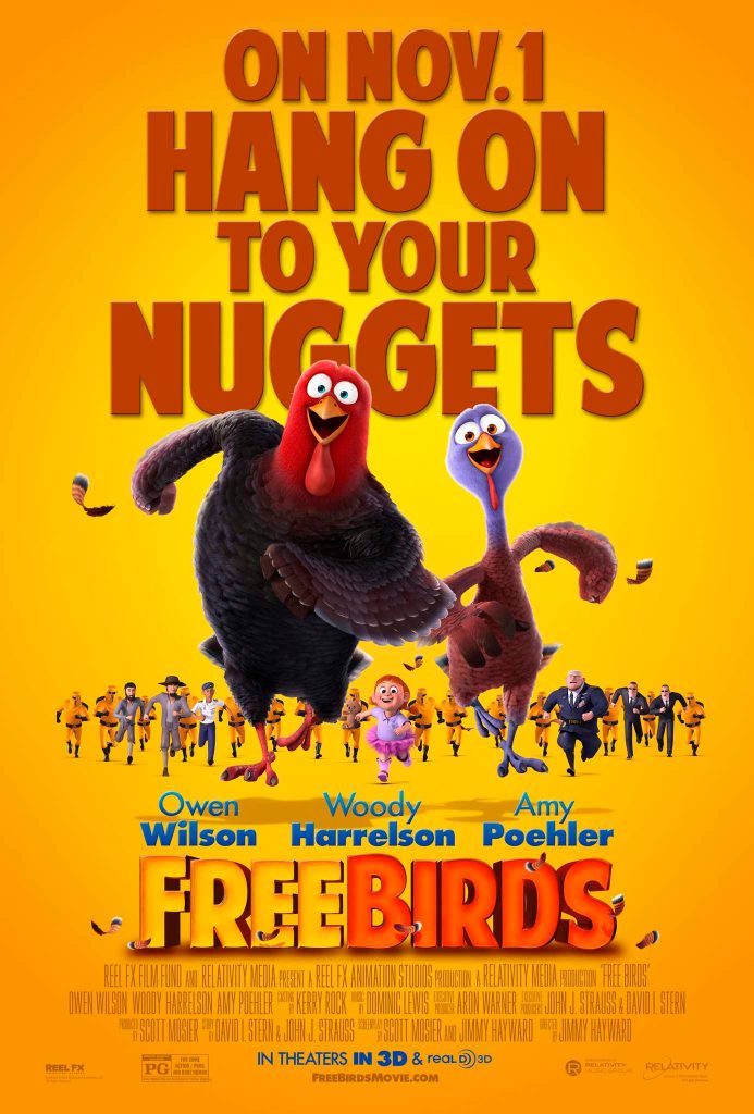 3D animated poster of Reggie and Jake turkeys from Free Birds running on yellow background wallpaper