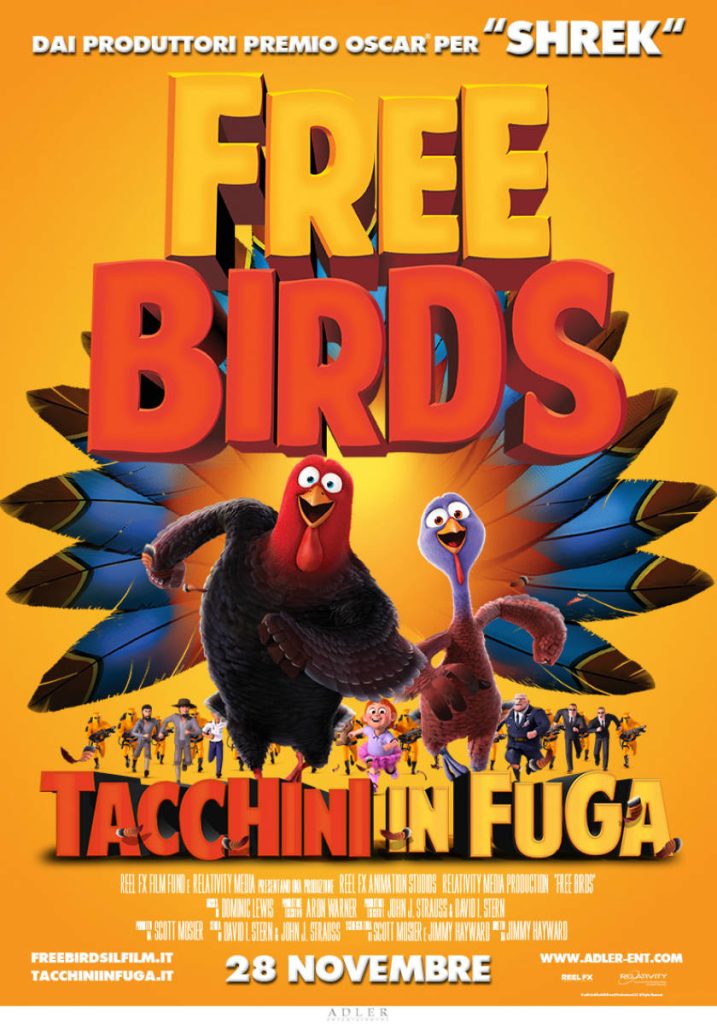 Vibrant yellow Free Birds wallpaper with main characters Reggie and Jake from 2013 CGI comedy