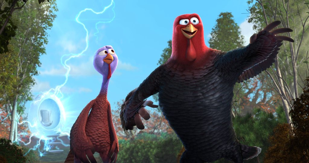 Free Birds Jake and Reggie in autumn forest with glowing blue time machine portal wallpaper