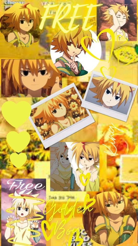 Yellow anime collage wallpaper of Free De La Hoya from Beyblade Burst with hearts and typography