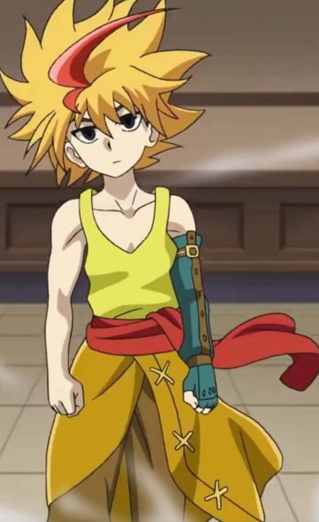 Free De La Hoya Beyblade Burst Evolution anime wallpaper in yellow tank top and teal arm guard