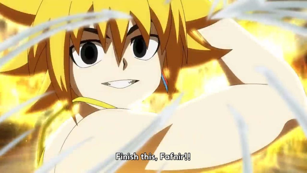 Free De La Hoya Beyblade Burst Evolution wallpaper with fierce smile and glowing golden aura