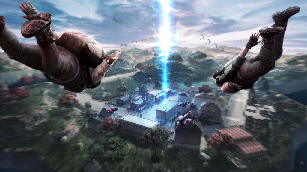 Cinematic PUBG wallpaper of players free-falling toward glowing blue beam over abandoned town