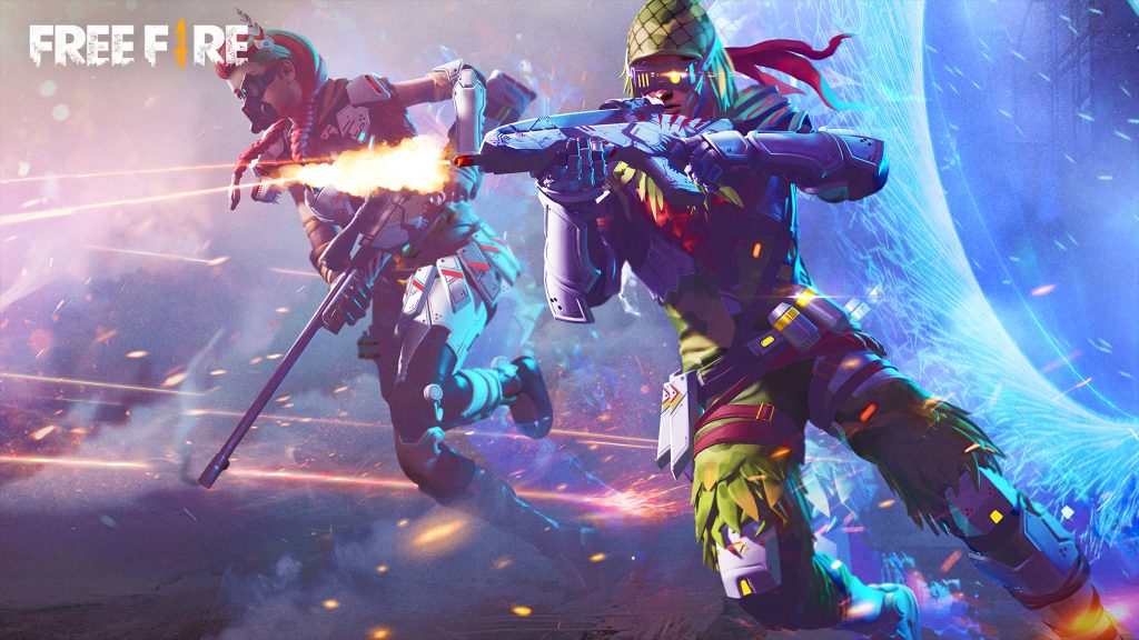 Free Fire wallpaper two futuristic soldiers in intense battle with blue energy and muzzle flashes