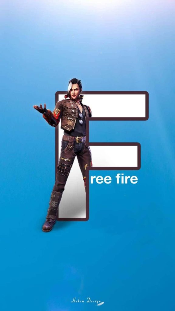 Free Fire Hayato Yagami fan art wallpaper with bold F frame on vibrant blue background for gamers